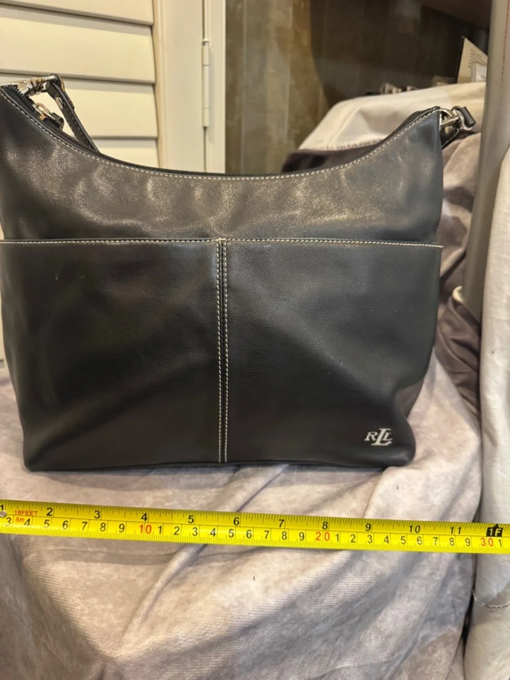Lauren Ralph Lauren Black Leather Shoulder‎ Bag with Contrast Stitching